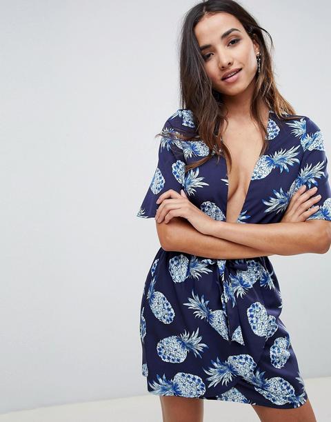 Boohoo - Vestito Allacciato Sul Davanti Con Stampa Di Ananas - Blu