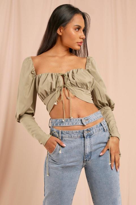 Womens Milkmaid Lace Up Crop Top Olive