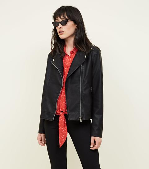 Black Coated Leather-look Biker Jacket New Look