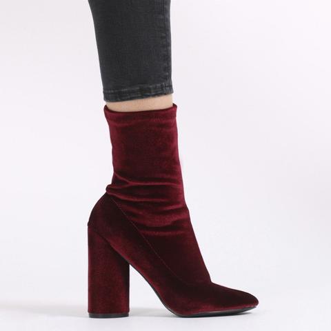 Elsa Sock Fit Round Heel Ankle Boots In Bordeaux Velvet