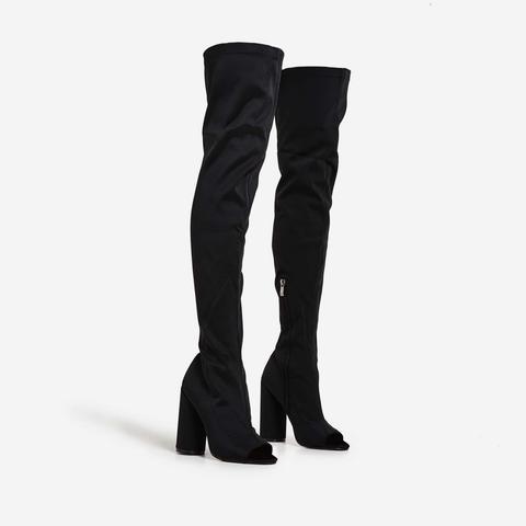 Cindy Thigh High Peep Toe Boot In Black Faux Suede, Black