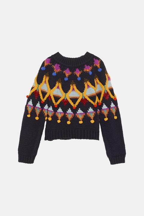 Pullover In Maglia Con Ricamo Multicolore