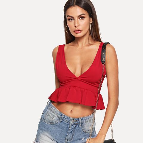 Sexy A Tinta Unita Orlare A Volant Rosso Tops & Camis