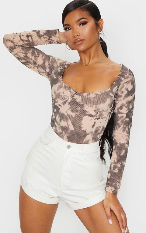 Nude Tie Dye Printed Rib Cup Long Sleeve Bodysuit