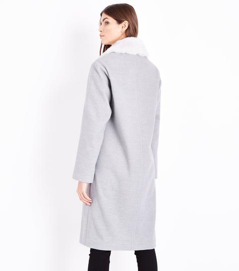 Grey Faux Fur Collar Longline Coat New Look