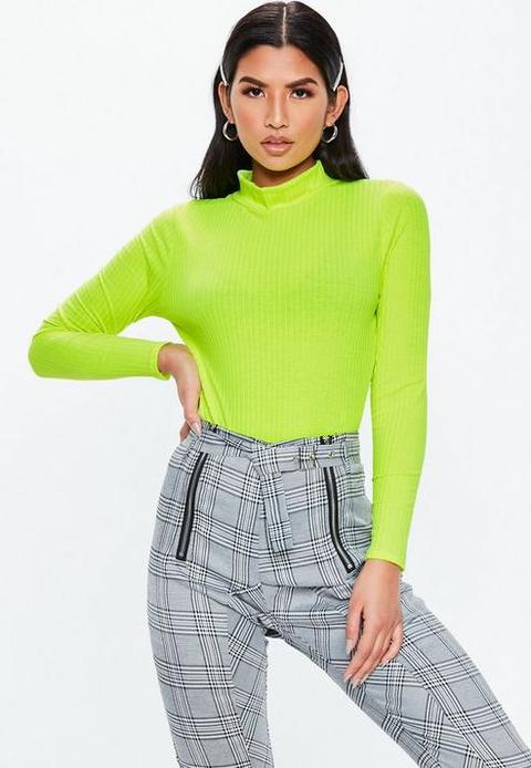 Petite Neon Lime High Neck Rib Bodysuit, Lime