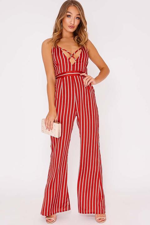 Red Jumpsuits - Ronnie Red Stripe Satin Cross Front Palazzo Jumpsuit