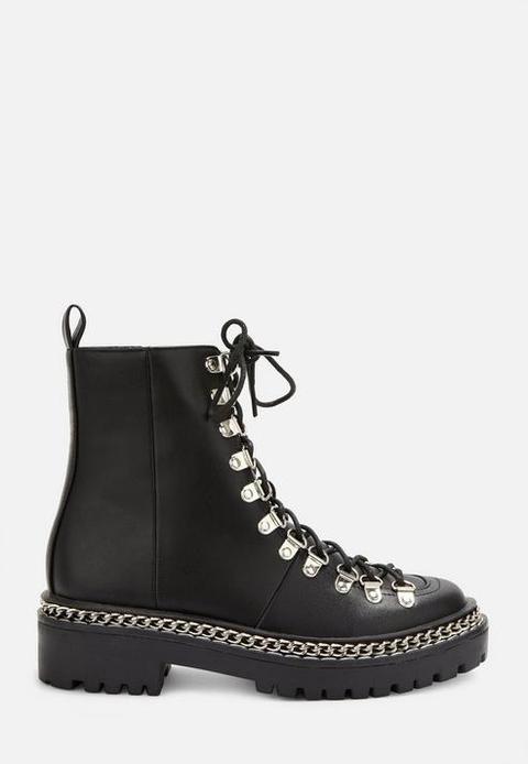 Black Chunky Chain Lace Up Ankle Boots, Black
