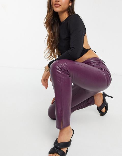 Pantalón De Cuero Sintético Burdeos Con Abertura Lateral De Missguided-violeta