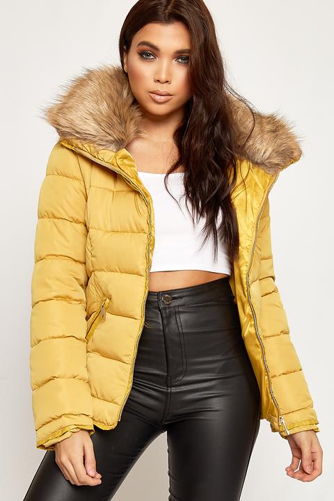 Piper Quilted Faux Fur Hooded Puffer Jacket - Mustard