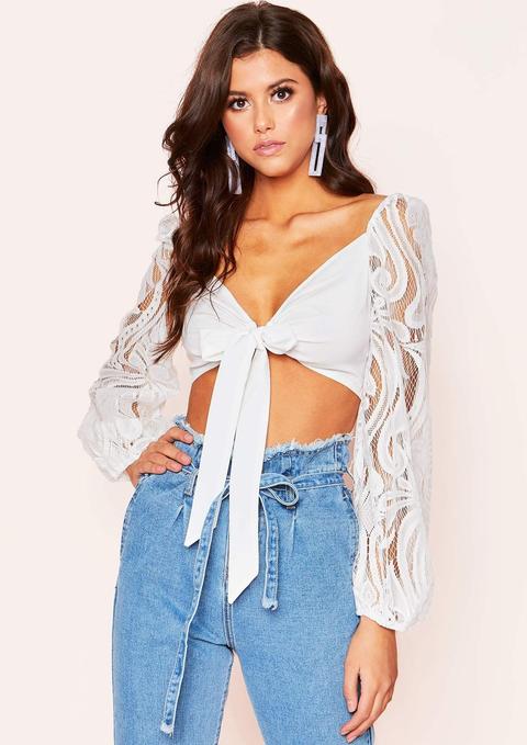 Jeanie White Lace Puff Sleeve Tie Crop Top
