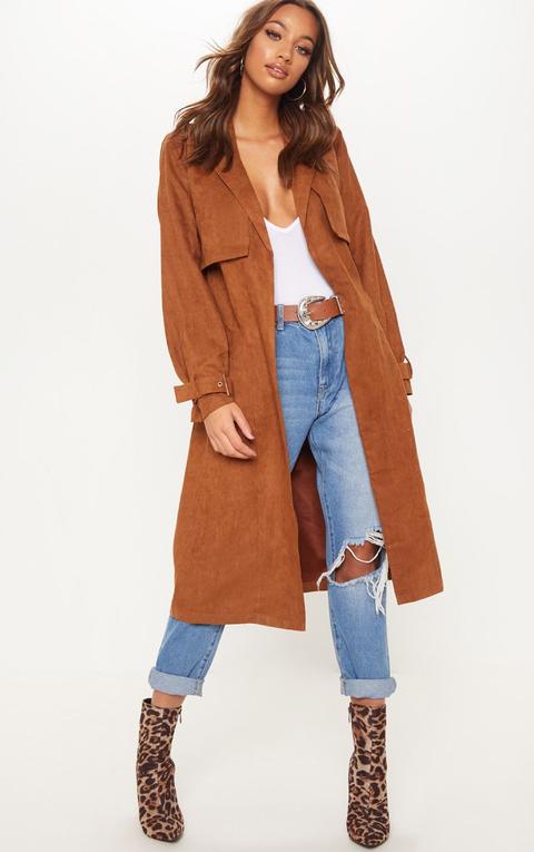 Brown Faux Suede Trench, Brown