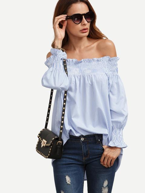 Blue Striped Off The Shoulder Smock Blouse