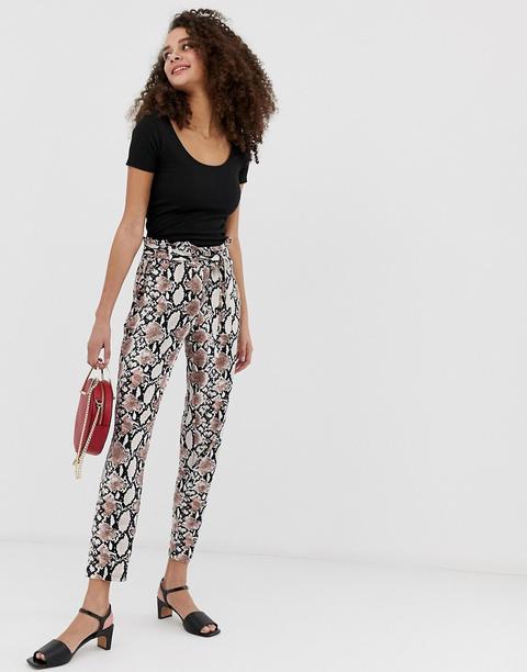 Pantalón De Pinzas Con Cintura Paperbag Y Estampado De Serpiente De Qed London-multicolor