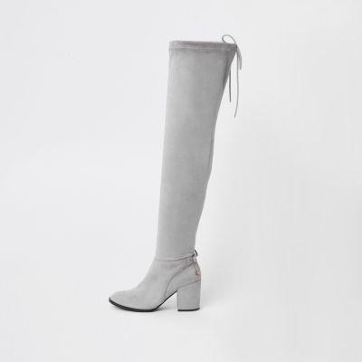 Grey Faux Suede Over The Knee Boots