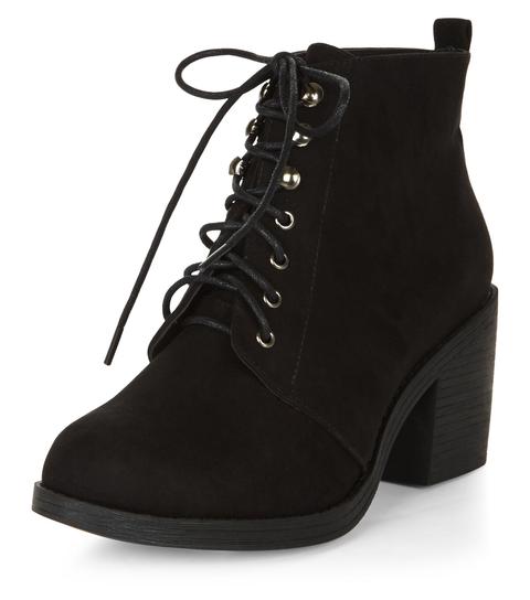 Wide Fit Black Suedette Lace Up Block Heel Ankle Boots from NEW LOOK on ...