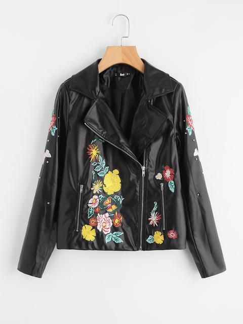 Flower Embroidered Beaded Asymmetric Zip Biker Jacket