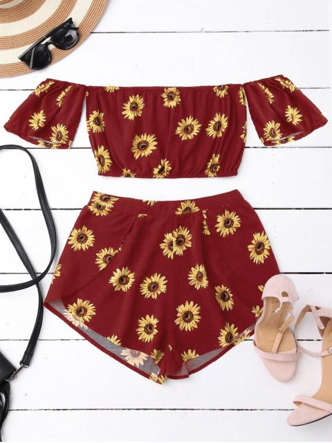 Off Shoulder Crop Top And Sunflower Shorts Black Red