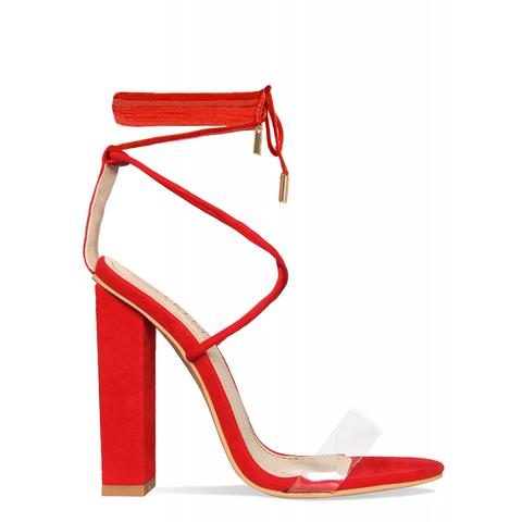 Tifany Red Suede Clear Lace Up Block Heels