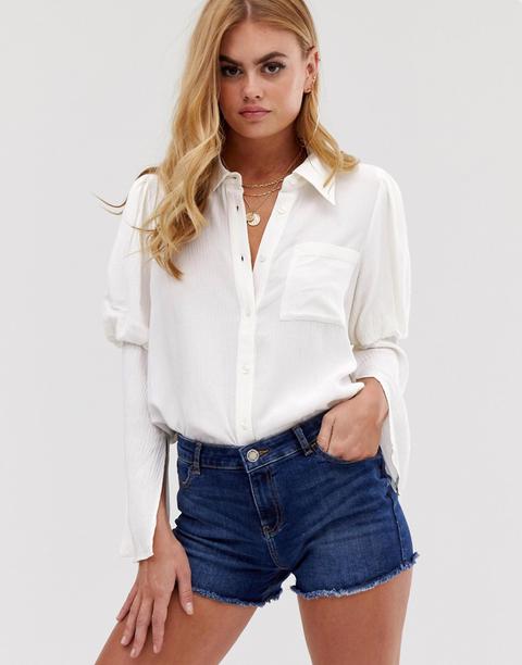 Asos Design Long Sleeve Shirt In Crinkle With Split Sleeve Detail-white