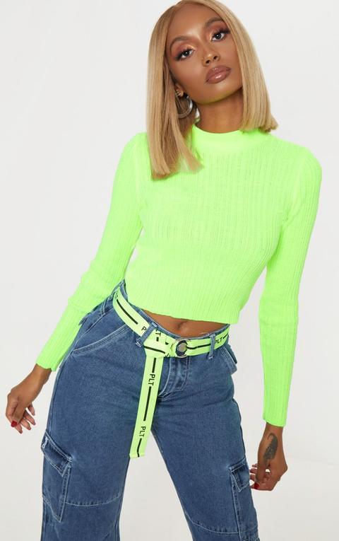 Neon Lime High Neck Knitted Rib Top