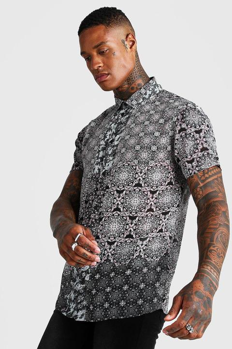 Mens Black Short Sleeve Semi Sheer Tile Print Shirt, Black