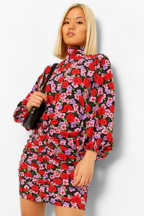 "petite" - Robe Courte Plissée À Fleurs Et Manches Volume - Noir - 32, Noir