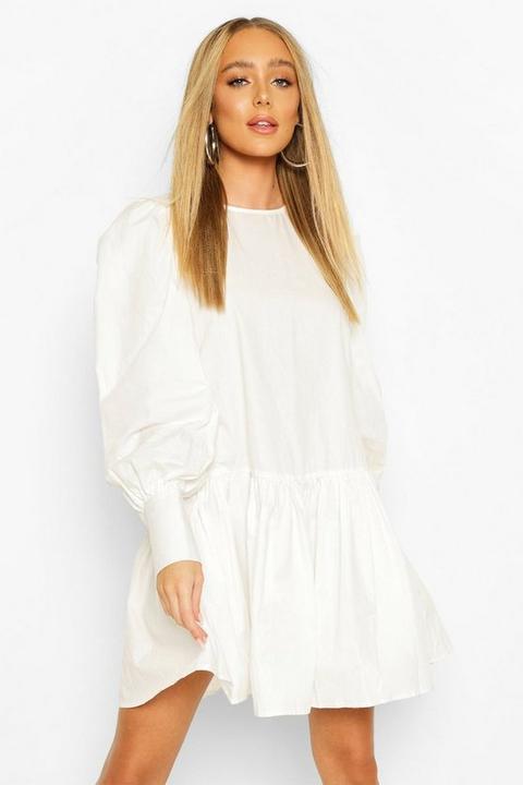 Womens Big Sleeve Peplum Cotton Shirt Dress - White - 10, White