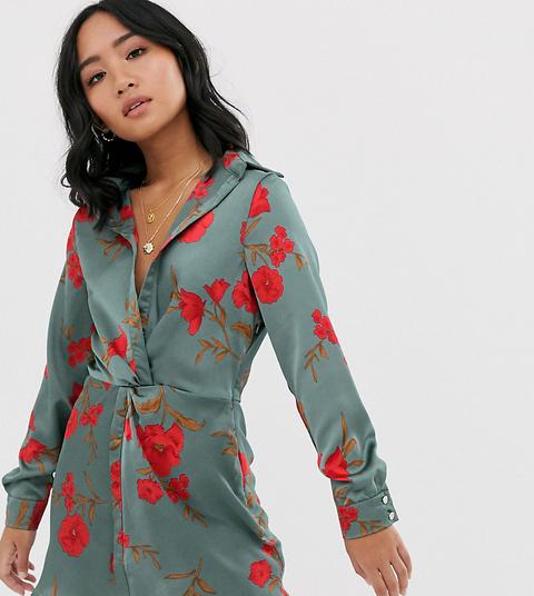 Parisian Petite - Vestito Camicia Con Nodo Sul Davanti E Stampa A Fiori - Verde