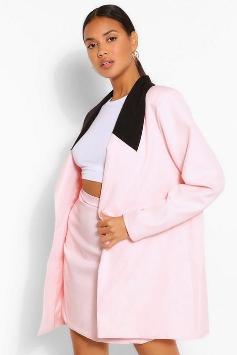 Womens Contrast Collar Longline Blazer - Pink - 10, Pink