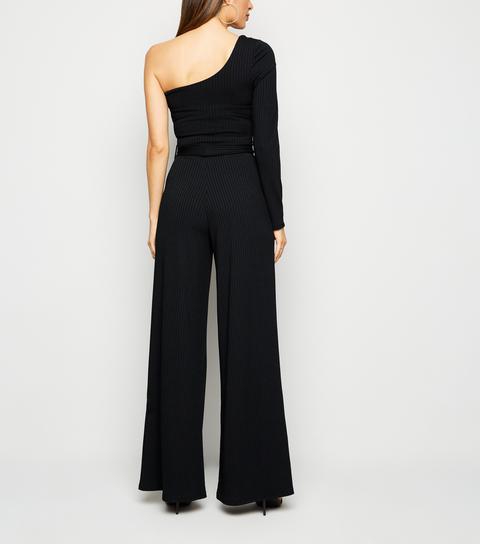 Black Ribbed One Shoulder Jumpsuit New Look