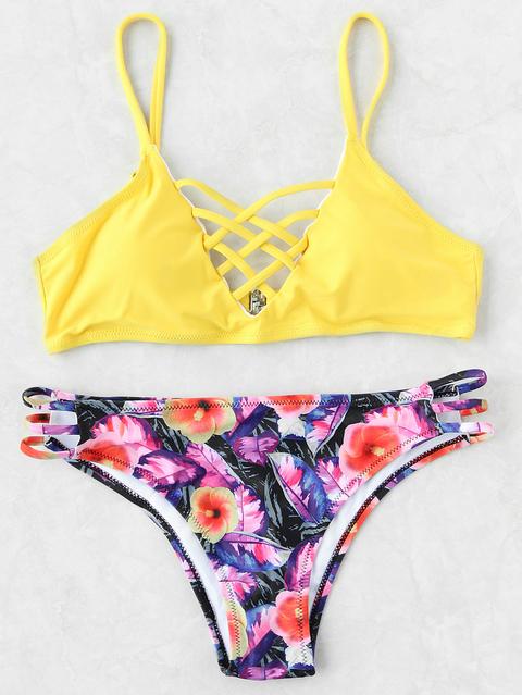 Set Bikini Cruzado Con Estampado Floral Mix & Match - Amarillo