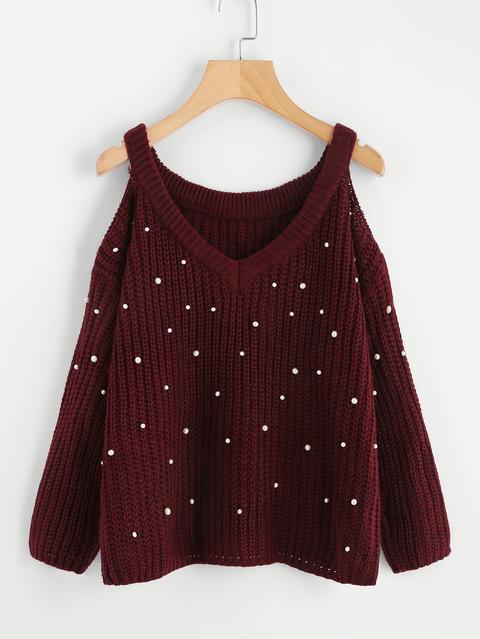 Deep V Neck Cold Shoulder Pearl Beaded Sweater