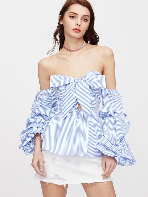 Top A Righe Con Fiocco Sul Davanti Maniche Arricciato Con Peplum Blu