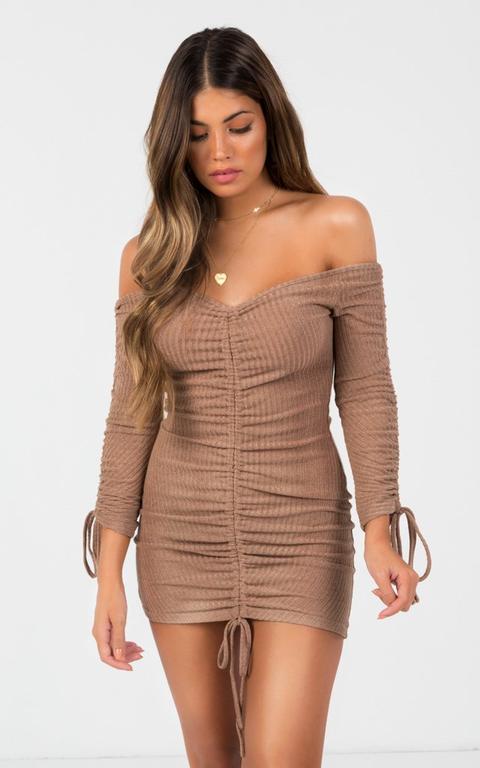 Off-the-shoulder Ribbed Lace Up Bodycon Dress