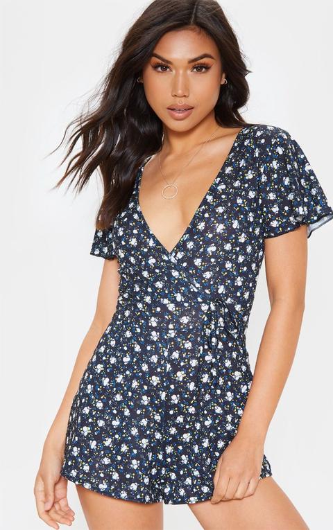 Black Ditsy Floral Print Short Sleeve Playsuit