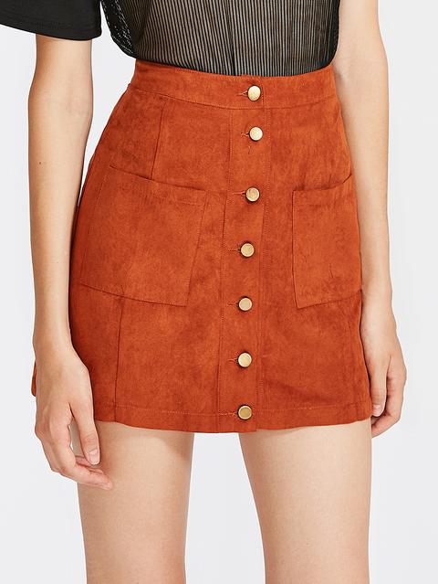 Patch Pocket Button Up Suede Utility Skirt