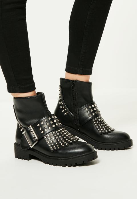 Black Studded Fringe & Buckle Biker Boots