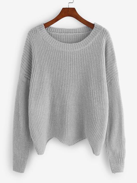 Grey Dropped Shoulder Seam Wave Hem Sweater