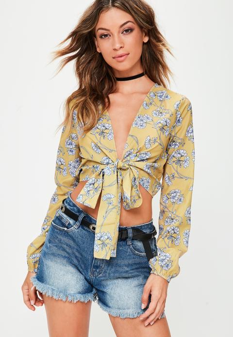 Mustard Yellow Floral Cropped Blouse