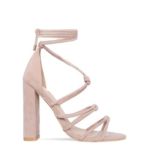 Alicia Nude Suede Knot Lace Up Block Heels