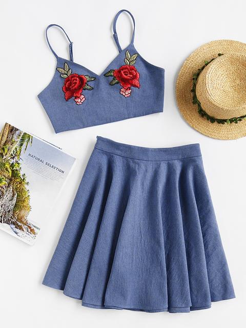 Rose Patch Chambray Cami And Circle Skirt Set