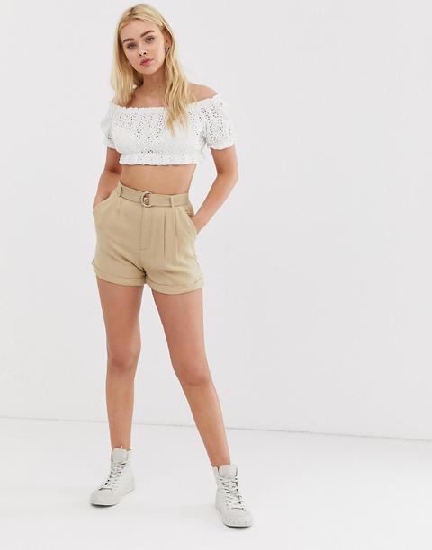 Pull&bear - Pantaloncini Beige A Vita Alta Con Cintura - Beige