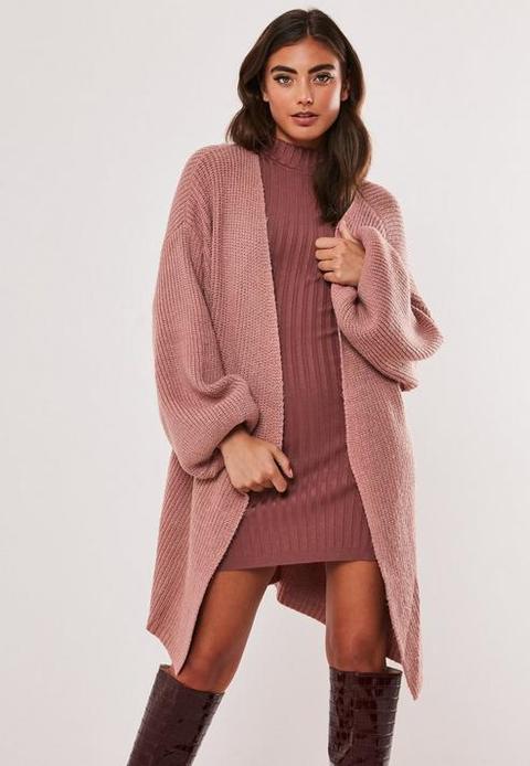 Rose Rib Balloon Sleeve Oversized Cardigan, Rose Pink