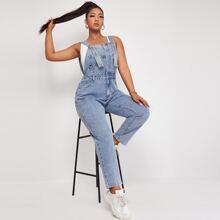 Petos Denim De Talla Grande Botón Delantero Liso Preppy