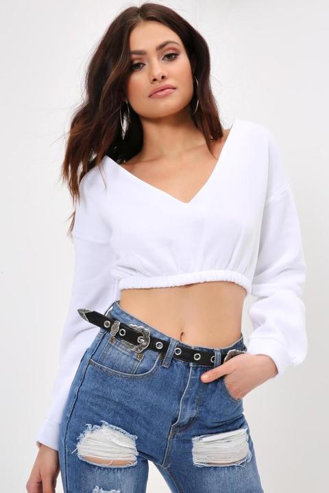 White Off Shoulder Cropped Sweater
