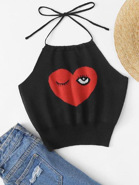 Halter Top Con Stampa Per Occhi E Cuore