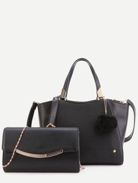 Bolso De Mano Convertible Pu Ribete Con Pompón Con Bolso De Cadena - Negro