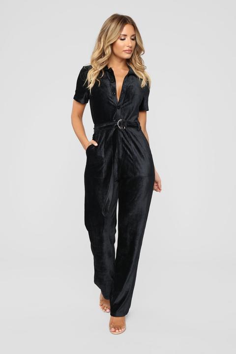 It Don't Matter To Me Velour Jumpsuit - Black