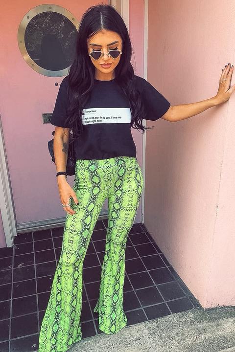 Neon Green Snake Print Flared Trousers - Mianna